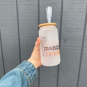 New 16oz Glass Bamboo Lid & Straw Manifest That Shit Includes Gift Box